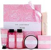Birthday Gifts for Women Spa Luxetique 6pc Travel Gift Set for Women with Natural Drawstring Linen Burlap Bag, Bar Soap, Body Lotion, Shower Gel, Bubble Bath, Hand Cream