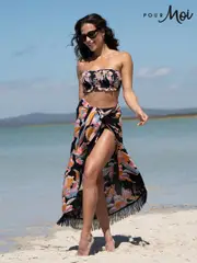 Pour Moi Black Floral Fringe Trim Crinkle Woven Multiway Sarong (W37298) | $74