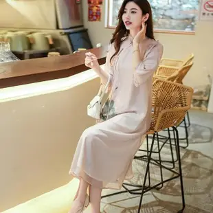 【REKO】玩美衣櫃寬鬆旗袍淡粉色中式雪紡長洋裝S-XL