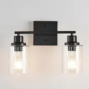 2-Light Bathroom Vanity Light Fixtures, Modern Wall Lighting with Clear Glass Shade, Matte Black Finished Wall Sconce Lighting for Mirror Bedroom Hallway