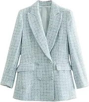 [Generic] Women Suit Jacket Tweed Blazer Jacket Plaid Checkered Blazer