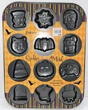 Halloween Cookie Pan 12 Spooky Shapes Ghost Frankenstein Bat Cat Spider New
