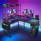 Gaming Desk with Storage L Computer Desk with LED Lights Home Office Corner Desk