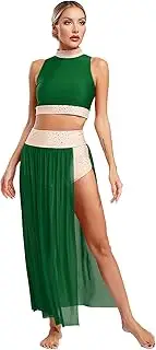 [TiaoBug] Women's Lyrical Dance Dress Sleeveless Crop Top Flowy Mesh Leotard Skirt 2PCS Outfit Modern Contemporary Costume