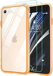 jaroco Case for iPhone SE 3/2 (2022/2020 Edition), iPhone 8/7 Case 4.7", Anti-Yellowing with [Tempered Glass Screen Protector] Hard PC Back & Soft Edges Phone Case 2023 -Orange Clear