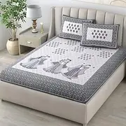[LIVING ROOTS] Pure Cotton 180 TC King Size 1 Piece Double Bedsheet with 2 Pillow Covers | King Size 8 feet x 8 feet (Grey Katputli)
