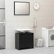 Bathroom Furniture Set - High Gloss Black Engineered Wood Vanity Cabinet with Mirror, Wall-Mounted Floating Console, Modern Design