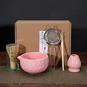 Luikyei Japanese Matcha Ceremony, Set,5-Piece Bamboo Matcha Whisk (Chasen)&Holder,Spouted Ceramic Bowl, Scoop (Chashaku),Stainless Sifter, Complete Traditional Kit for Authentic Tea Powder (Pink)