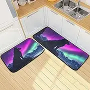 XYMZR Kitchen Mat Wolf Sit Aurora for Floor, 2 Piece, Non Slip Washable Kitchen Rugs for Kitchen & Home Decor, Sink, Bathroom 19.7” x 27.6” + 19.7” + 47.2”