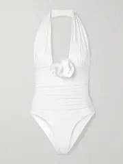 [Maygel Coronel] Maygel Coronel - Pilaya Appliquéd Ruched Halterneck Swimsuit - Off-white - Extended Extended Off-white
