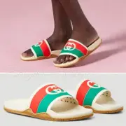 NEW GUCCI Women's Agrado Interlocking G Logo Cream Rubber Slides EU 39 US 9