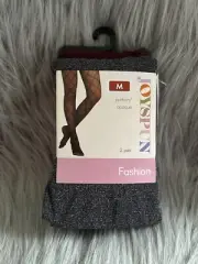 Joyspun Tights Womens Size Medium Black Shimmer And Crushed Plum Opaque Bottom