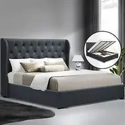 [Artiss] King Size Bed Frame Platform Wingback Headboard Frames Gas Lift Beds Base with Storage Space Bedroom Room Decor Home Furniture, Upholstered with Charcoal Faux Linen Fabric + Foam + Wood