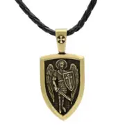 1x Pendant Mythological Style Archangel St.Michael Shield Leather Necklace Gold