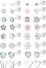 [Diamday] 16 Pairs Hypoallergenic Screw Back Earrings for Women Girls Surgical Steel Tiny CZ Pearl Ball Heart Flower Screwback Flat Back Stud Earrings Set 20G