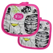 Set of 2 Wine Potholders Kitchen Hot Pads Grapes Barrel Decor 7x7 Inch Pink
