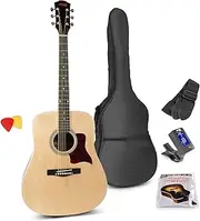 MAX SOLOJAM-NT Acoustic Guitar Steel String Pack Pics Tuner Strap Soft Case + Strings Natural