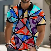 Men's Abstract Geometic Polo Short Sleeve Polo Shirts Collared Shirts Casual Athleisure Outdoor clothing Daily Wear 3D Print Buttons Summer Yellow Blue Green
