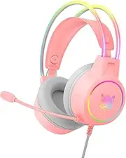 Gaming Headset, Plug and Play, Lights, Noise-Cancelling Microphone, Breathable Sponge, 50mm Driver, Lightweight Ergonomic Design, Compatible with PC, PS5, Switch - 3.5mm o Jack Pink