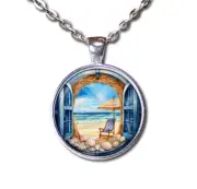 Summer Beach Viewpoint - Handmade ROUND Glass Pendant Necklace