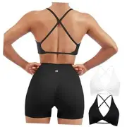 Women 2 Piece Open Back Strappy Sports Bra Pack Twist V Neck Workout Crops