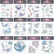 GORGECRAFT 12 Sheets 12 Styles Ocean Animals Temporary Tattoos Removable Body Stickers Paper Blue Purple Sea Turtle Goldfish Dolphin Whale Shell Octopus Starfish Suit for Arm Neck Party Decor