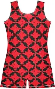 [ODAWA] Red Black Tile One-Piece Kids Unitard Biketards with Shorts, Dance Leotard for Girls 2-10T