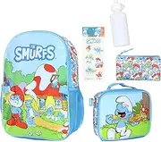 [INTIMO] The Smurfs Backpack 5-Piece Mega Set Travel Daypack Bag with Lunch Box Pencil Case Water Bottle and Stickers