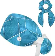 [FVQL] 2 Pieces Nursing Caps for Women, Ponytail Scrub Cap with Hair Scrunchies, Abstract Plaid Geometric