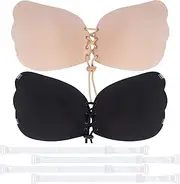 [Lancry] 2 Pack Invisible Adhesive Clear Back Bra with Clear Straps and Back Stick on Bra with Drawstring for Everyday Wearing, Party, Wedding