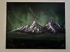 Blacklight UV Reactive Neon Green Northern Lights Mountain Oil Painting 16x20in