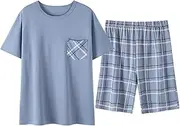 [Yizelli] Men's Cotton Pajamas Set Casual Short Sleeve Sleepwear Top & Shorts Pants Summer Loungewear