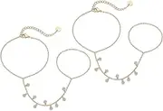 [Qiansail] 2Pcs Gold Plated Hand Chains Bracelet 14K Dainty Cubic Zircon Adjustable Ring Hand Chain Minimalist Jewelry for Women