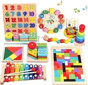 Uandhome Montessori Toys Set,10 in 1 Kids Wooden Toddler Sensory Toys,Preschool Educational Learning Toy with Wooden Sorting & Stacking Xylophone Bead Maze Sand Hammer for 3 Years Old Boys Girls Gift