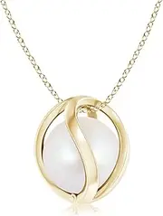[Angara] Japanese Akoya Cultured Pearl Cage Pendant Necklace in 14ct Solid Gold for Women | June Birthstone Jewellery for Her