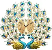 European Style Peacock Wall Clock, Metal Dial Mute Decoration Living Room Bedroom Wall Clock Quartz Clock, Luxury Rhinestones and 3D Peacock