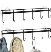 Kitchen Utensil Hanger, No-Drill Wall Rack, Adhesive Rail With 6 Hooks, Space-Saving Utensil Holder, Strong, Sturdy Design (2-Pack, Black/White), Ideal For Kitchen, Bathroom & Bedroom 12.5*2.4inches