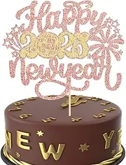 Gyufise 1Pcs 2025 Happy New Year Cake Topper Glitter Hello 2025 Fireworks Cake Pick Welcome 2025 Happy New Year's Eve Cake Decoration Party Supplies Rose Gold