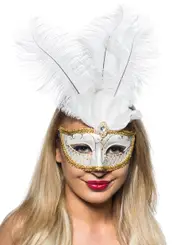 Elegant Tall Feather Masquerade Mask, White and Gold