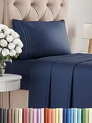 3 Piece Bed Sheet Single Size Set, Flat Sheet, Fitted Sheet and 1 Pillowcase – Wrinkle Free, Soft Microfiber Sheets with Deep Pockets for Mattresses up to 35cm, Oeko-TEX Certified - Navy Blue
