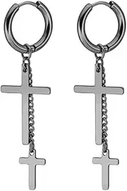 [IMINI] Punk Double Cross Small Dangle Earrings for Men Women Kpop Stainless Steel Hypoallergenic Christian Religious Cool Tassel Drop Piercing Huggie Hoop Hip Hop Personalized Jewelry Gifts