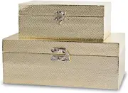 Wooden Set Of 2 Decorative Keepsake Boxes Storage With Gold Leather And Clasp
