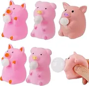 Squeezable Fidget Toy, Decompression Pig Mochi Toys, Bubble Blowing Squishies, Set of 6