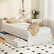 Artiss Single Bed Frame with Storage Headboard, Wooden Bed Base with 2 Storage Drawers, Solid Platform Bedframe with Charger, No Box Spring Needed for Guest Room, Bedroom Furniture, Easy Assembly