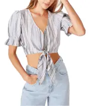 Cotton On Womens Striped Tie Front Crop Top Blouse, Blue, Large