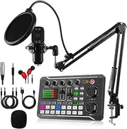 XCJump Podcast Production Studio Equipment Kit Integration Sound Card Condenser Microphone Voice Converter Mini Mixer Board for Streaming/Gaming Broadcast Live Recording Mixer V8 (Black)