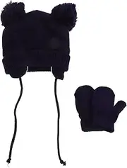 [COLLBATH] Knit Children's Hat Glove Set Boys and Girls Beanies Thermal Mittens Toddler Fluffy Earflap Beanie Newborn to Toddler Dark Blue