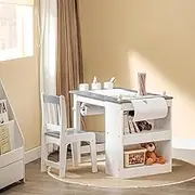 Haotian 2 in 1 Kid's Table and Chair Set, Art Table with Paper Roller, Paint Cups and Storage Shelves, Painting Table Set for Arts, Crafts and Writing, Grey, KMB60-HG