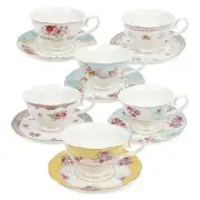 Colorful Floral Porcelain Coffee Cup with Saucer, British Tea Cups Set for 6,...