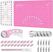 Headley Tools Rotary Cutter Set - 45mm Fabric Cutter, 5 Replacement Rotary Blades, A3 Cutting Mat, Quilting Ruler and Sewing Clips, Craft Knife Set, Ideal for Crafting, Sewing, Patchworking, Pink